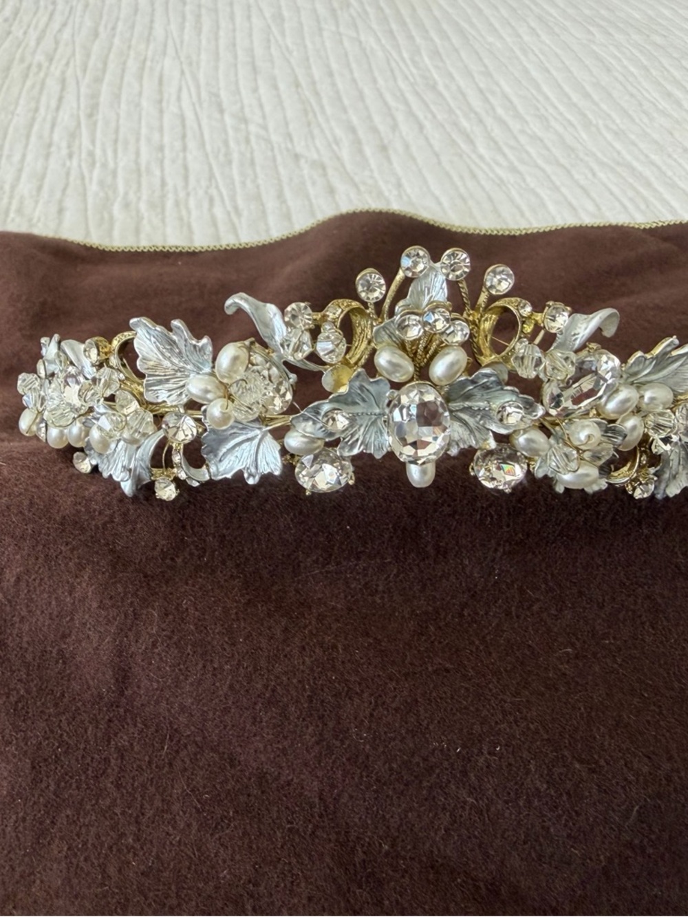 Bridal Crystal and Pearl Floral Tiara - Gold & Silver